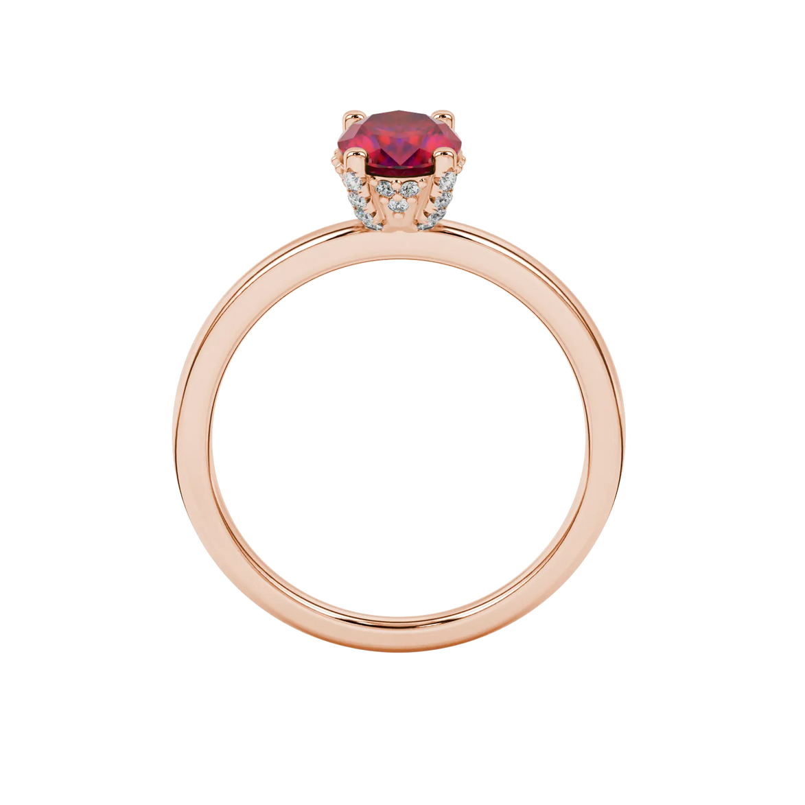 Oval cut raspberry red gemstone ring, rose gold pavé basket setting.