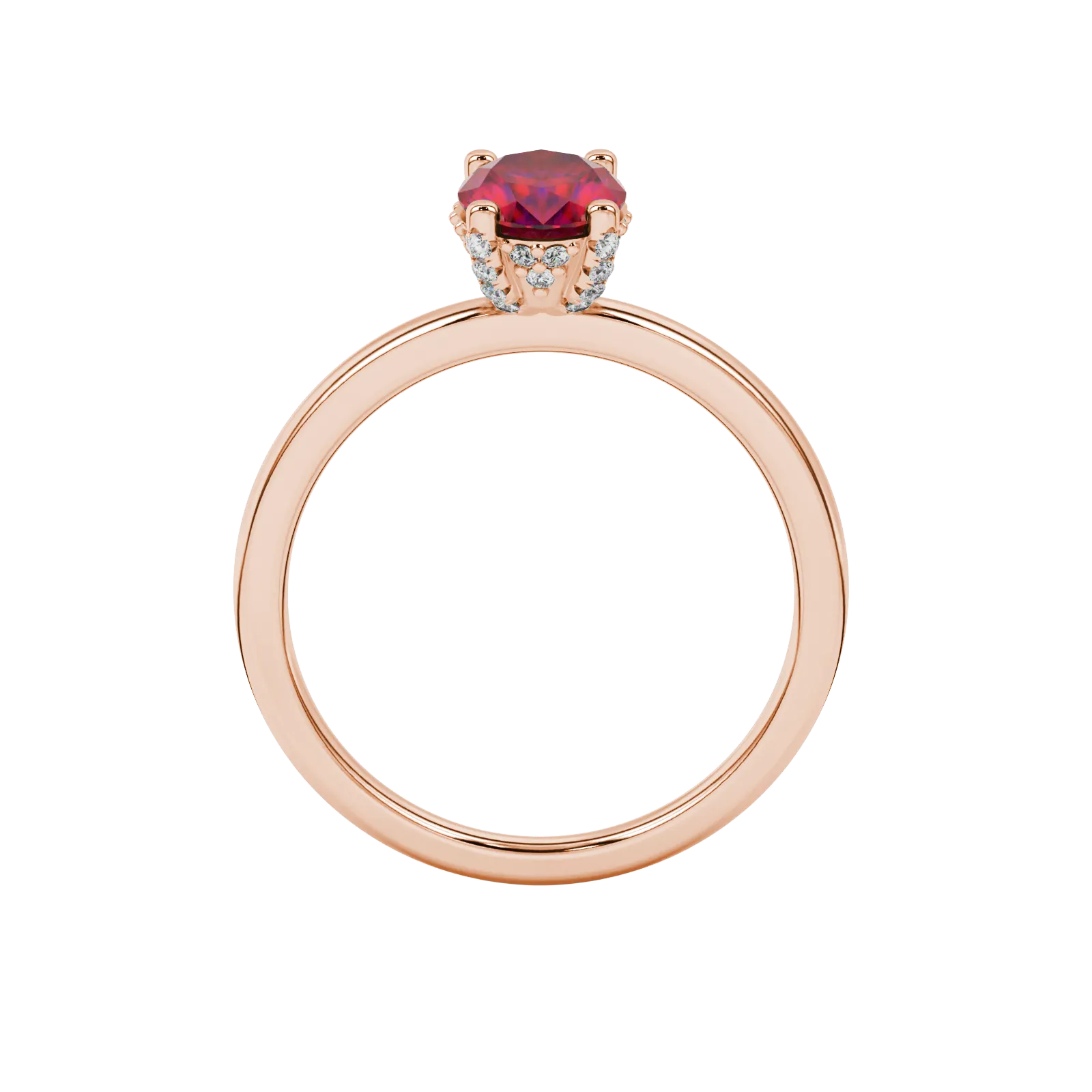 Oval cut raspberry red gemstone ring, rose gold pavé basket setting.