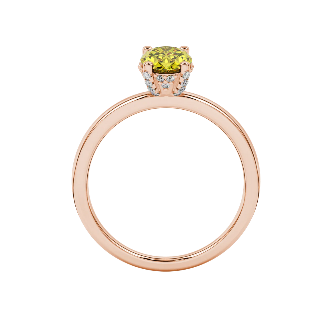 Oval cut canary yellow gemstone ring, rose gold pavé basket setting.