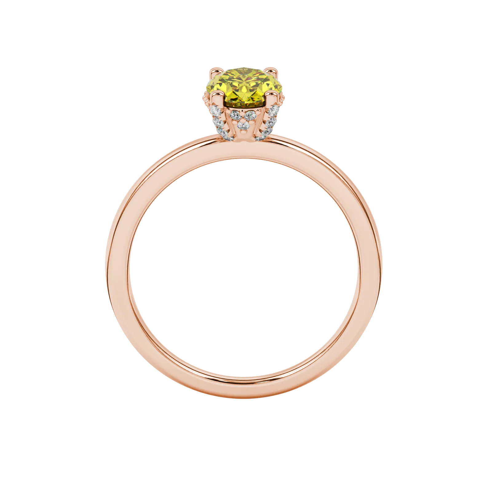 Oval cut canary yellow gemstone ring, rose gold pavé basket setting.