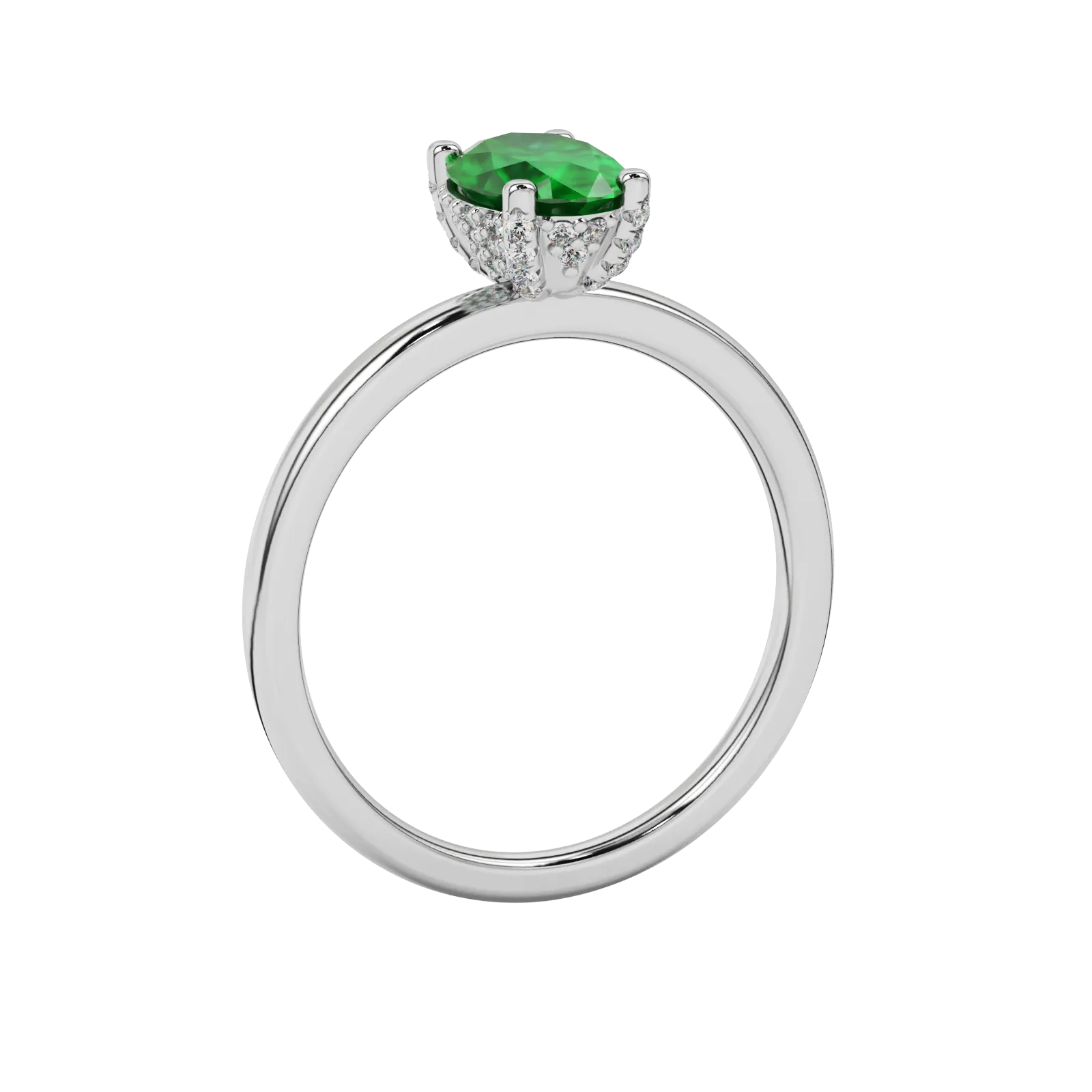 Side profile, white gold emerald green ring, pavé basket gallery.