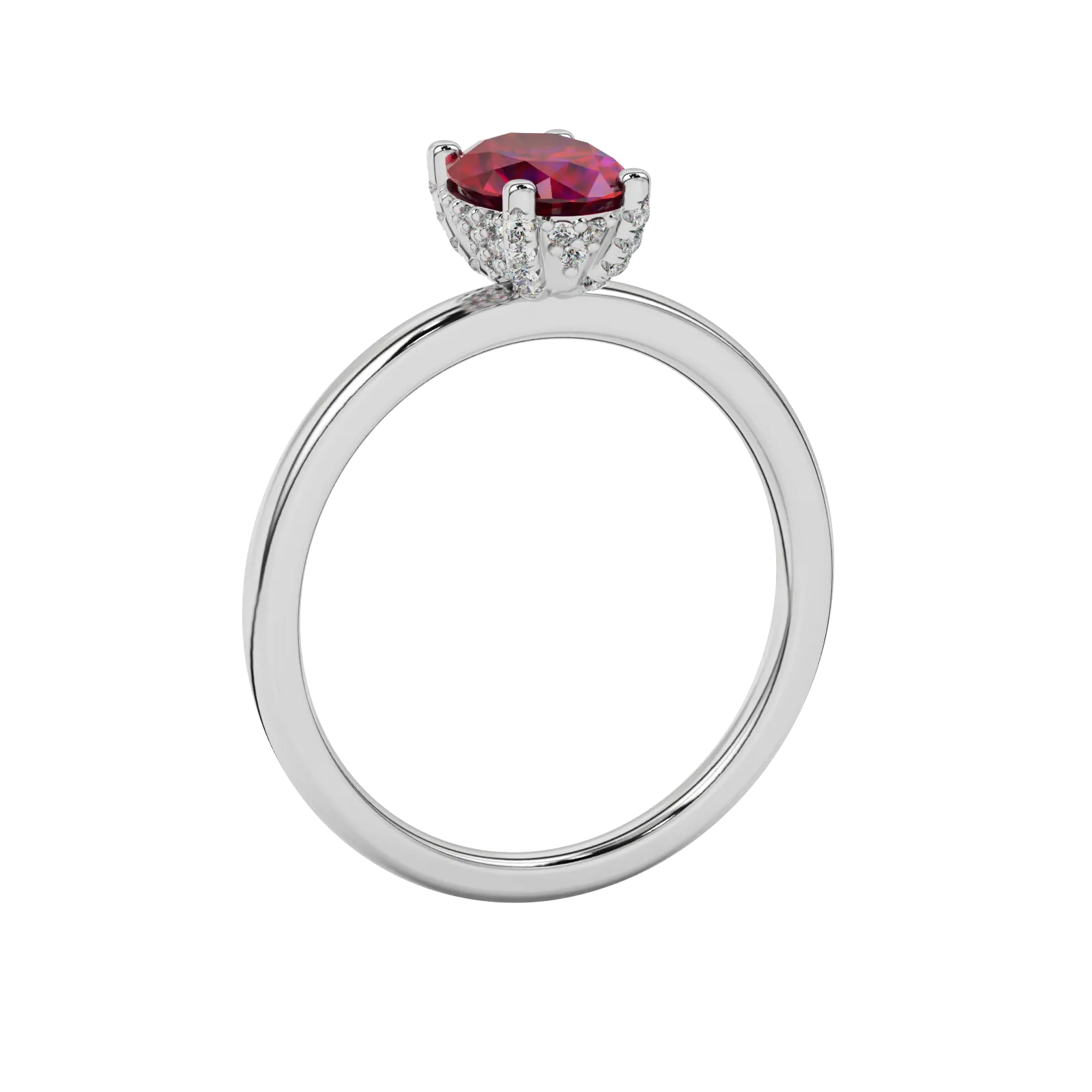Side profile, white gold raspberry red ring, pavé basket gallery.