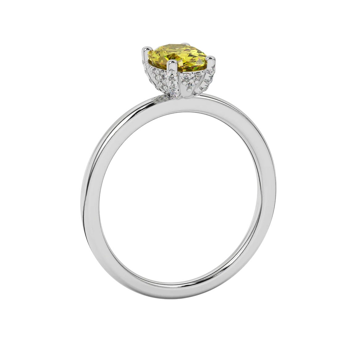 Side profile, white gold canary yellow ring, pavé basket gallery.