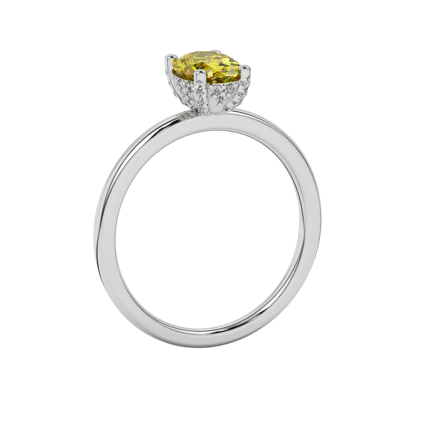 Side profile, white gold canary yellow ring, pavé basket gallery.