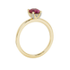 Side profile, yellow gold raspberry red ring, pavé basket gallery.