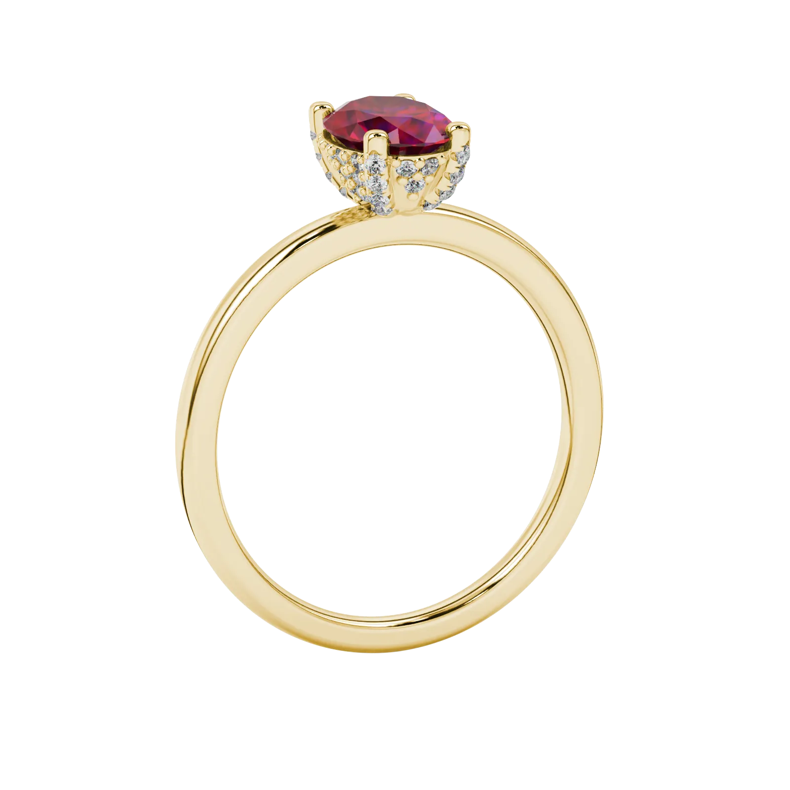 Side profile, yellow gold raspberry red ring, pavé basket gallery.