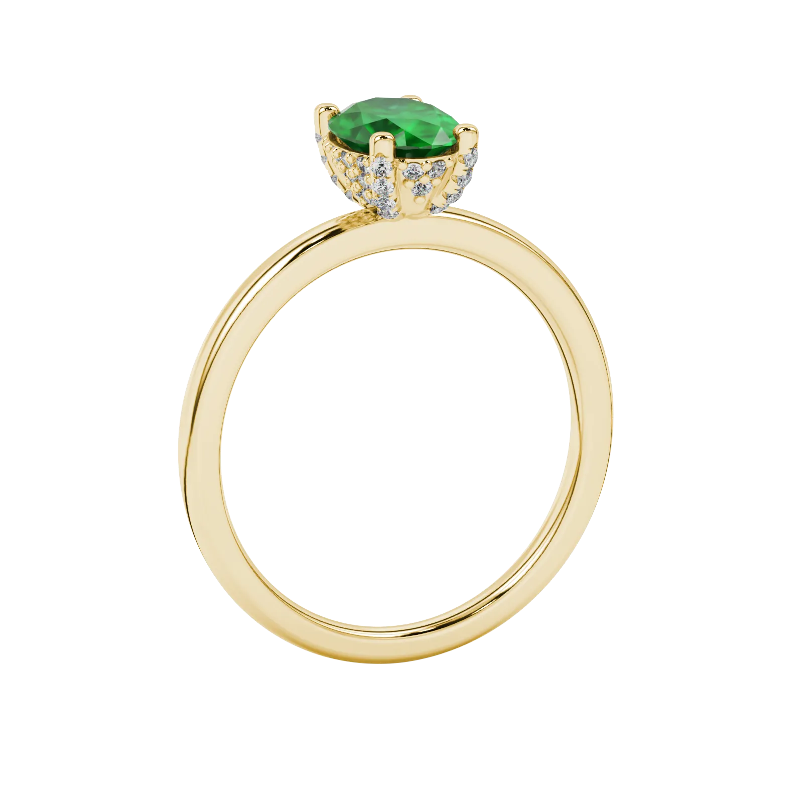 Side profile, yellow gold emerald green ring, pavé basket gallery.