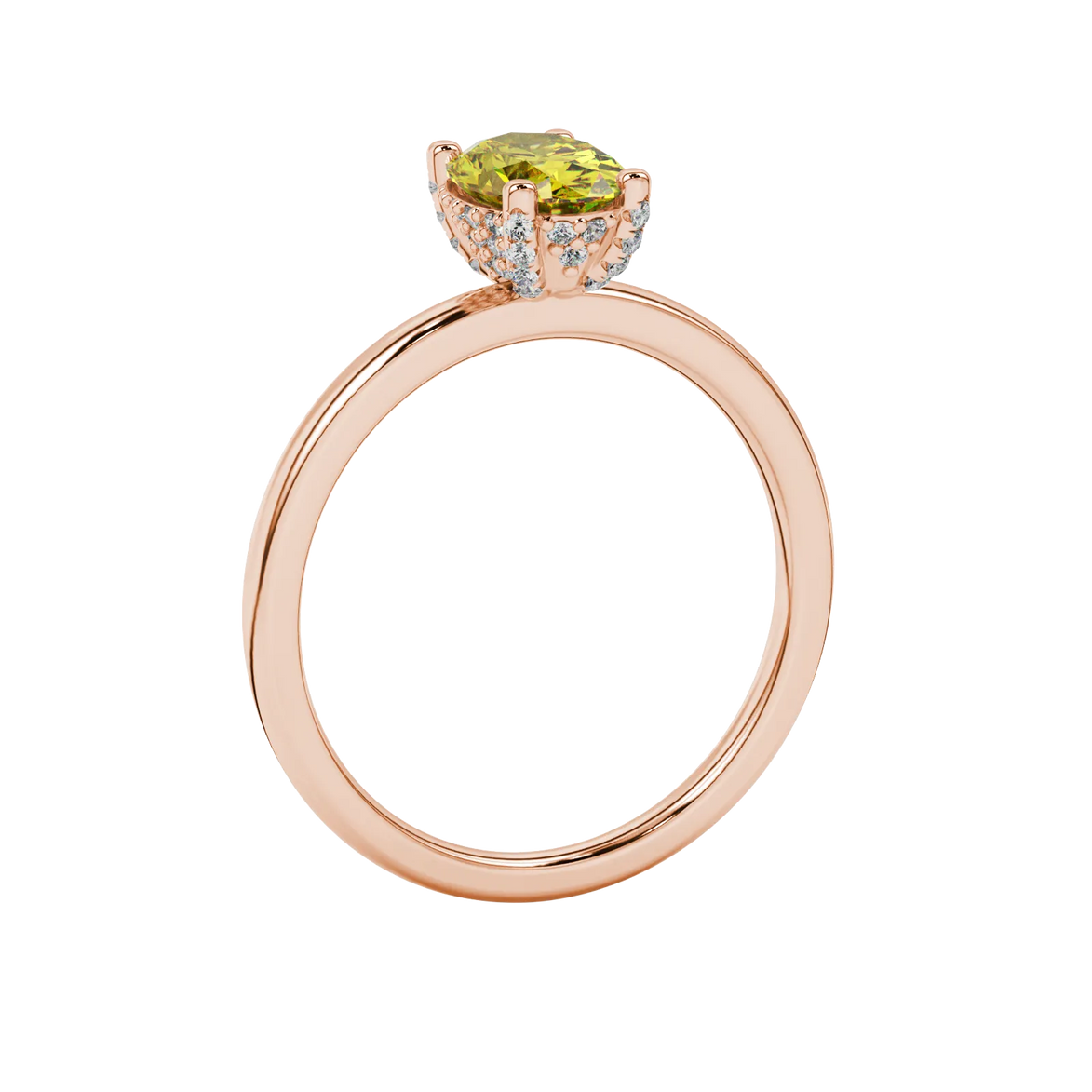 Side profile, rose gold canary yellow ring, pavé basket gallery.