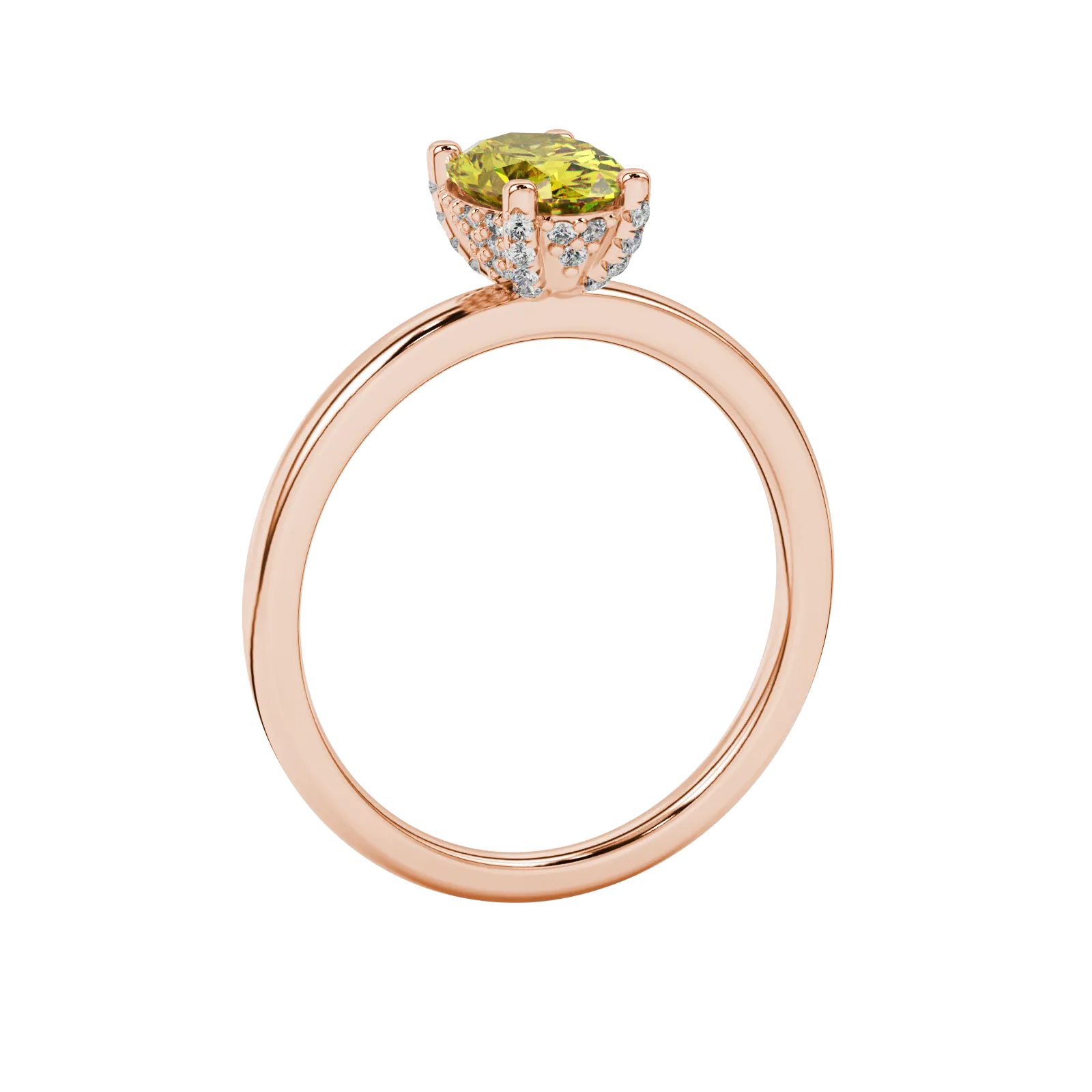 Side profile, rose gold canary yellow ring, pavé basket gallery.