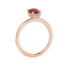 Side profile, rose gold raspberry red ring, pavé basket gallery.