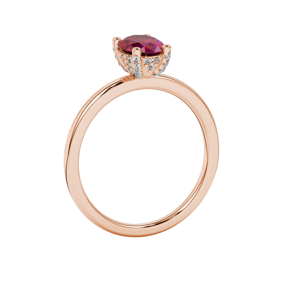Side profile, rose gold raspberry red ring, pavé basket gallery.