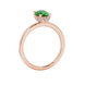 Side profile, rose gold emerald green ring, pavé basket gallery.