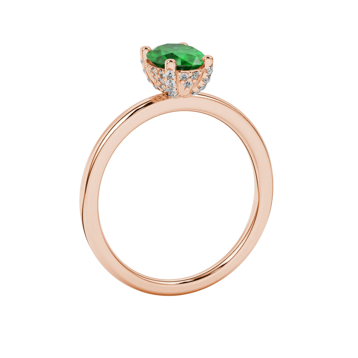 Side profile, rose gold emerald green ring, pavé basket gallery.