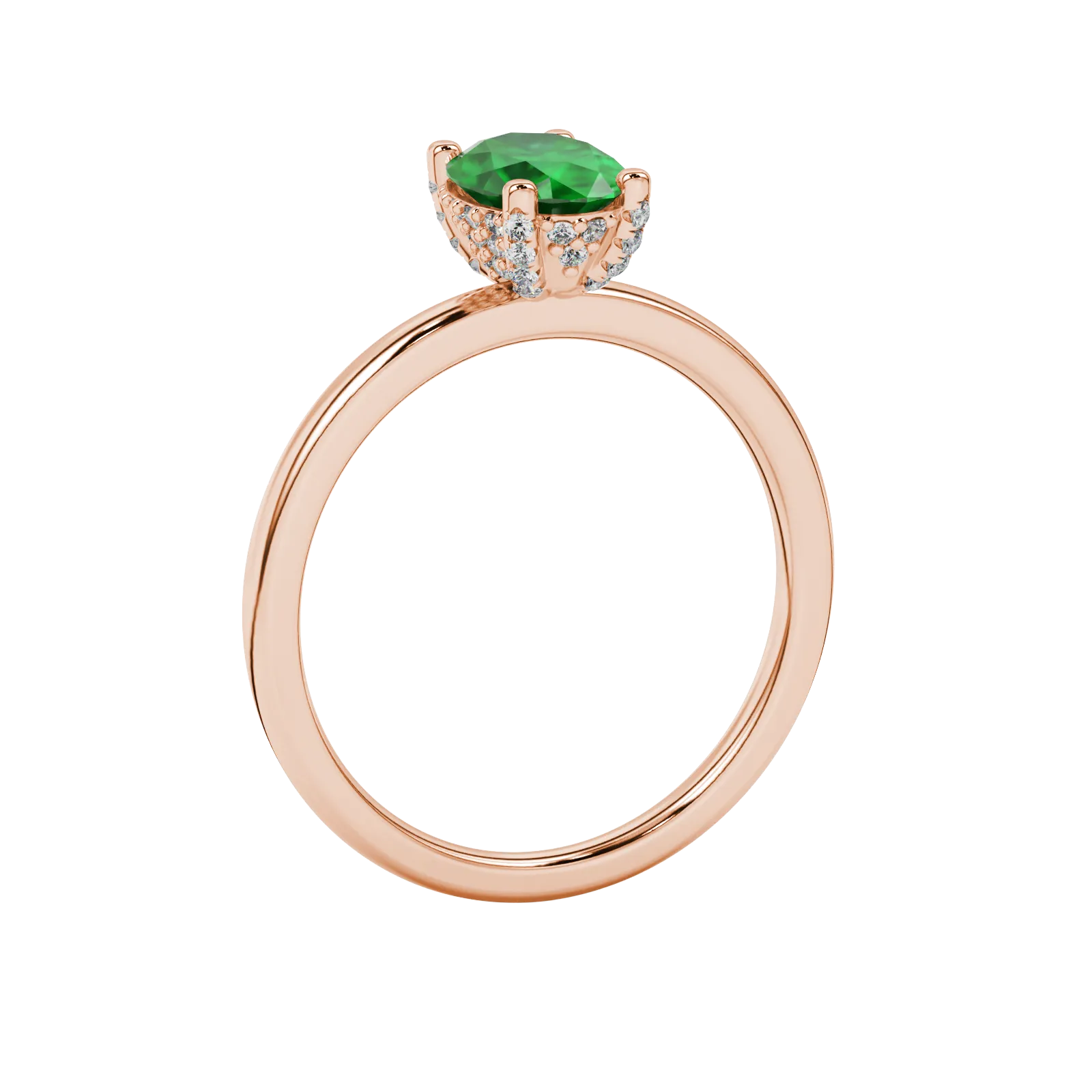 Side profile, rose gold emerald green ring, pavé basket gallery.