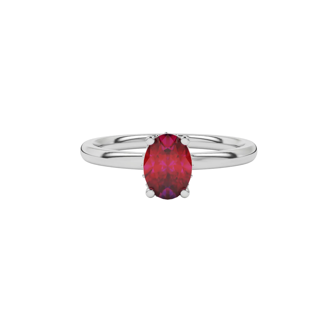 Close-up oval cut raspberry red gemstone ring, white gold pavé basket.