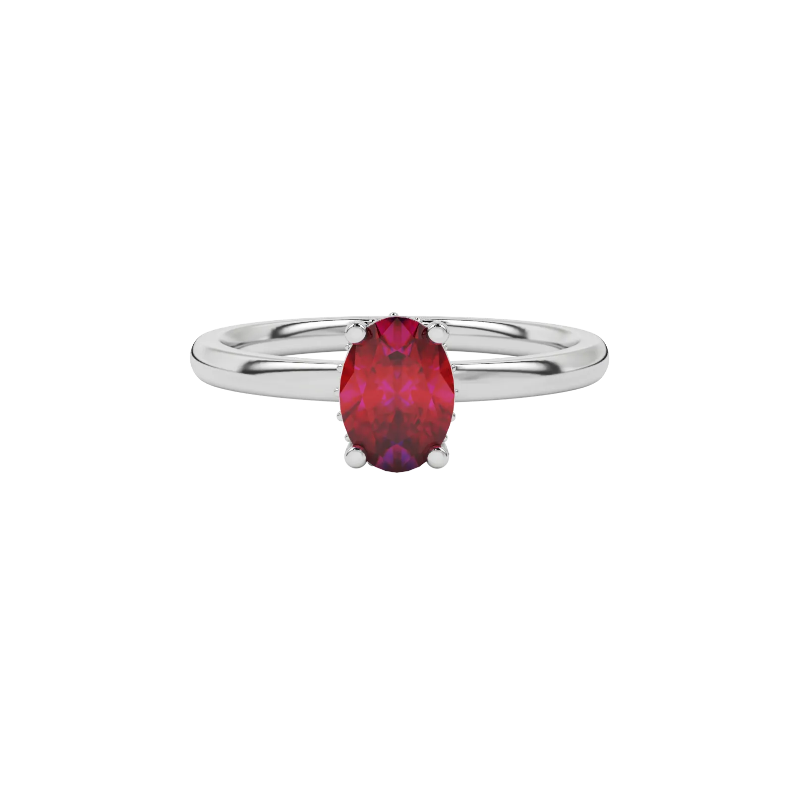 Close-up oval cut raspberry red gemstone ring, white gold pavé basket.