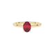 Close-up, oval cut raspberry red gemstone, yellow gold pavé basket ring.