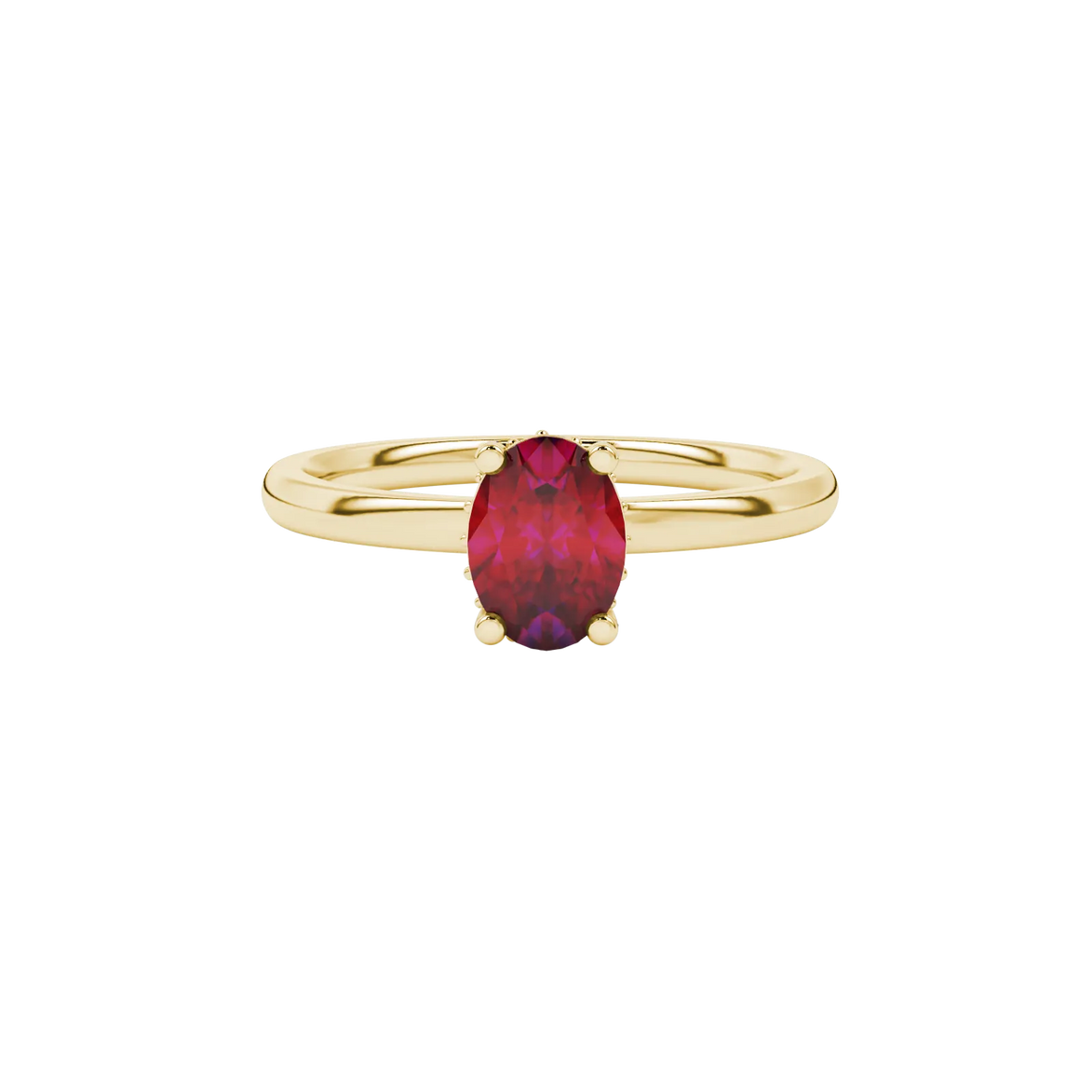 Close-up, oval cut raspberry red gemstone, yellow gold pavé basket ring.