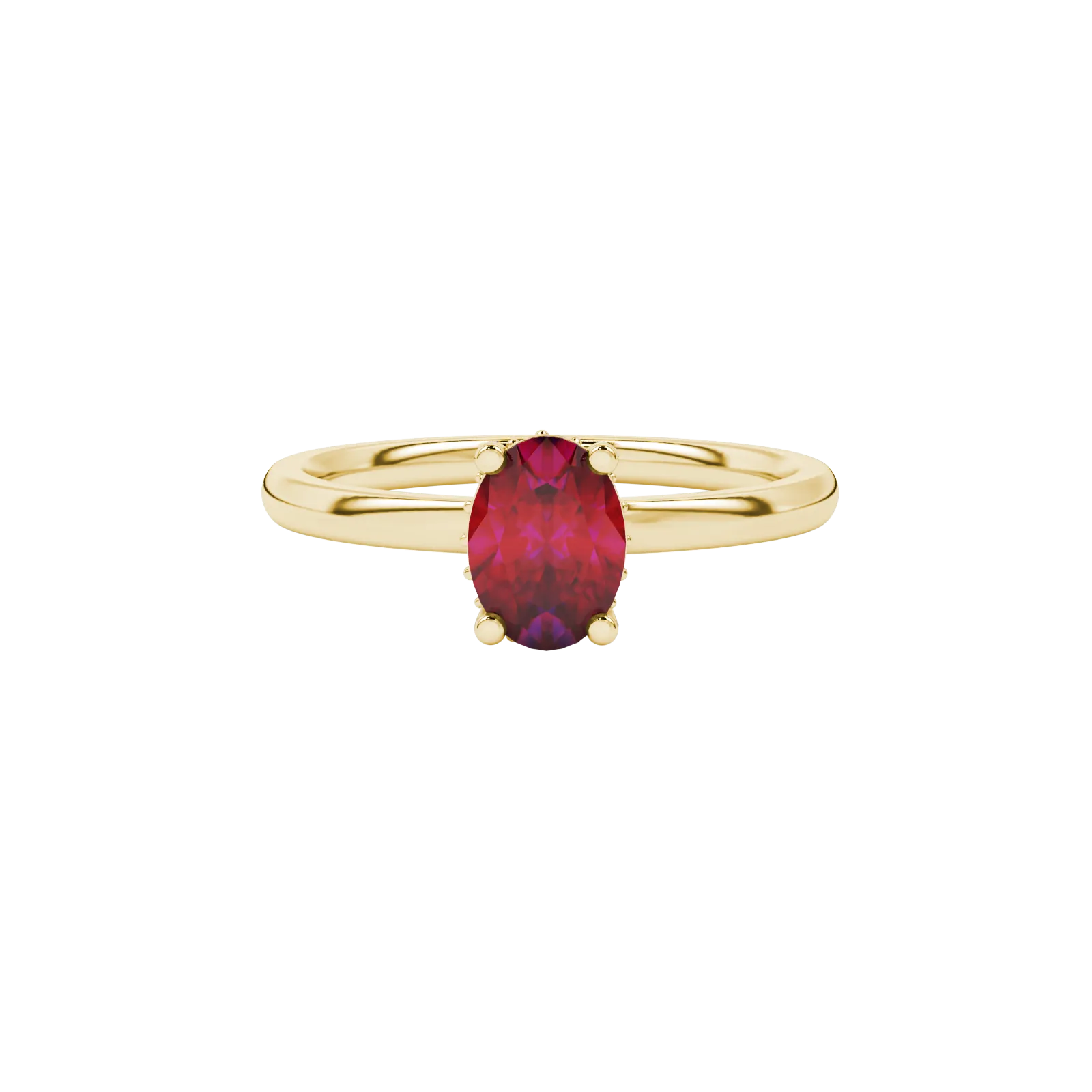 Close-up, oval cut raspberry red gemstone, yellow gold pavé basket ring.