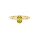Close-up, oval cut canary yellow gemstone, yellow gold pavé basket ring.