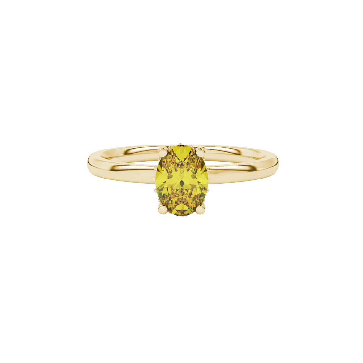 Close-up, oval cut canary yellow gemstone, yellow gold pavé basket ring.
