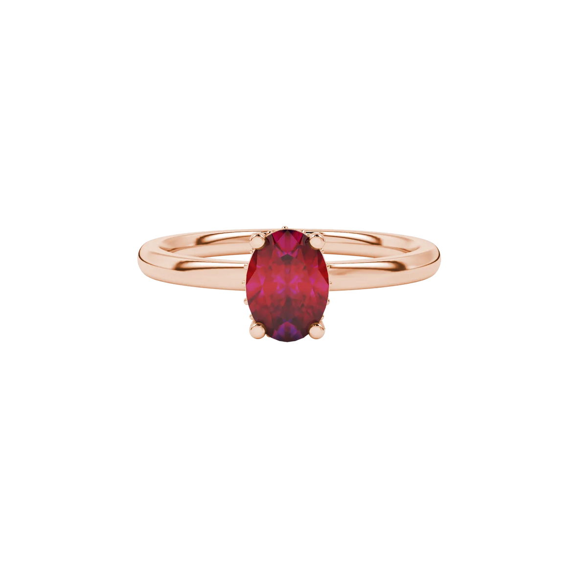 Close-up, oval cut raspberry red gemstone ring, rose gold pavé basket.