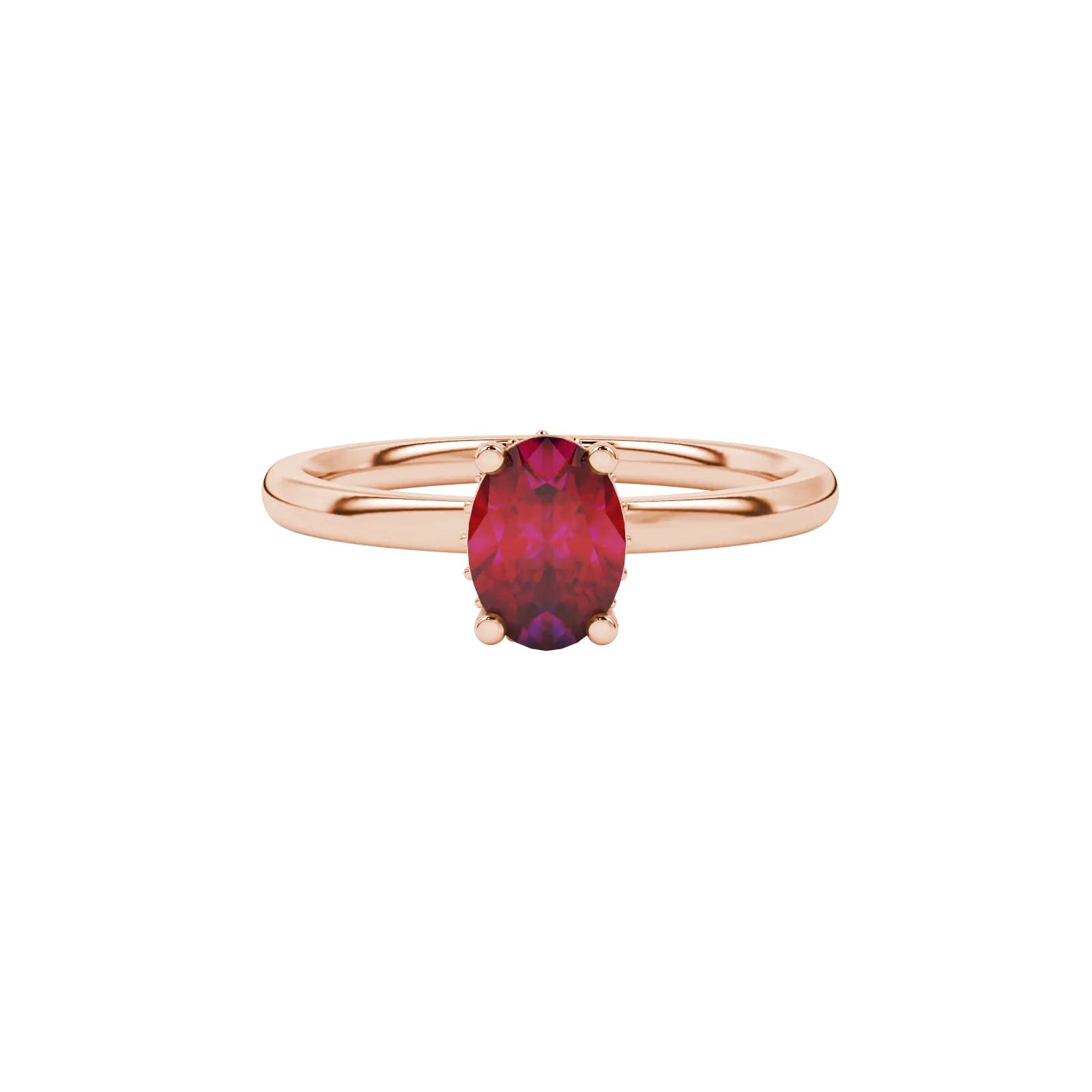 Close-up, oval cut raspberry red gemstone ring, rose gold pavé basket.