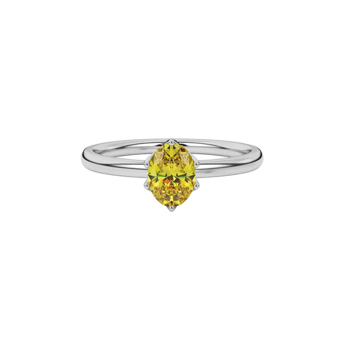 Close-up oval cut canary yellow gemstone ring, white gold scalloped six prong setting.