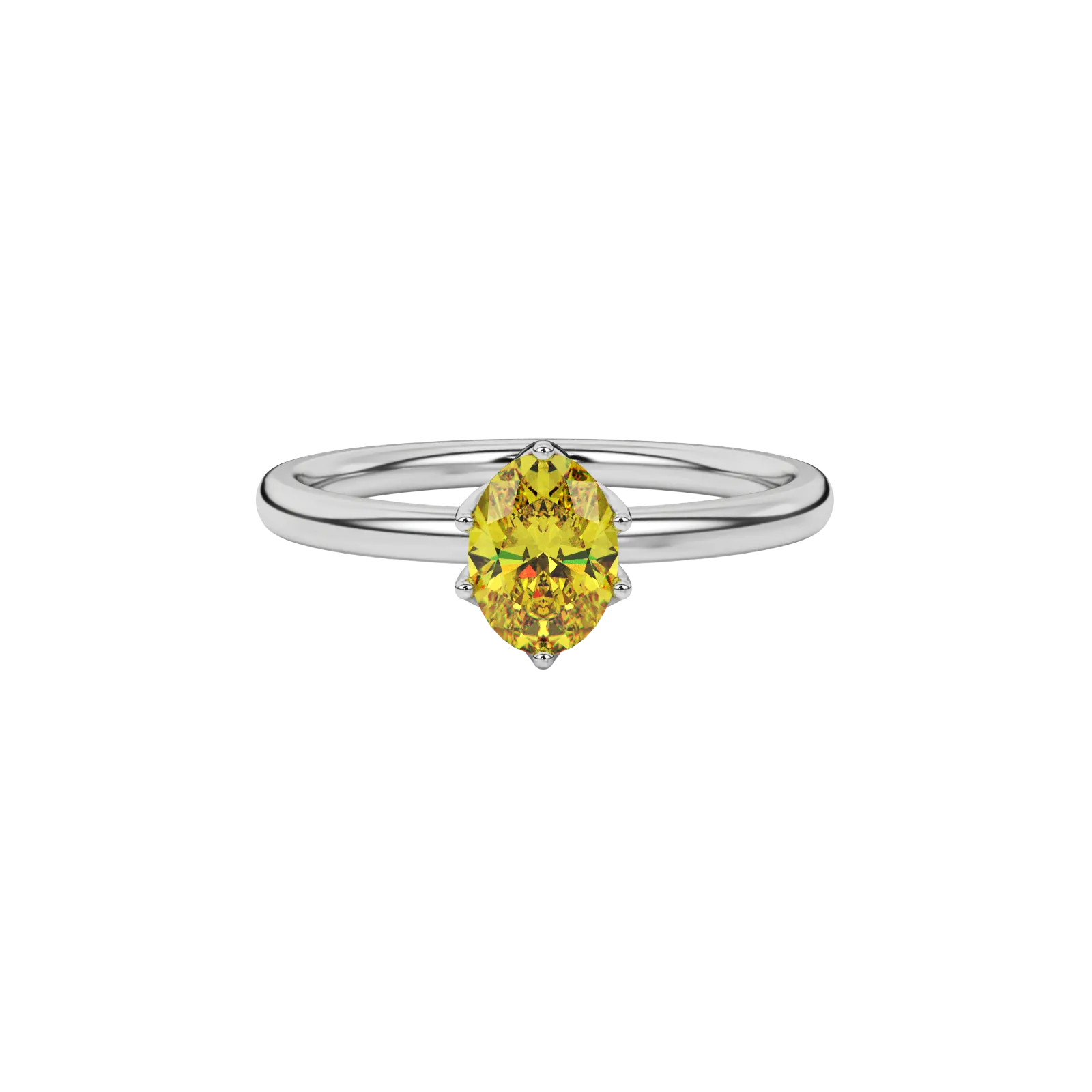 Close-up oval cut canary yellow gemstone ring, white gold scalloped six prong setting.
