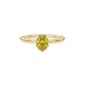 Close-up, oval cut canary yellow gemstone, yellow gold scalloped six prong ring.