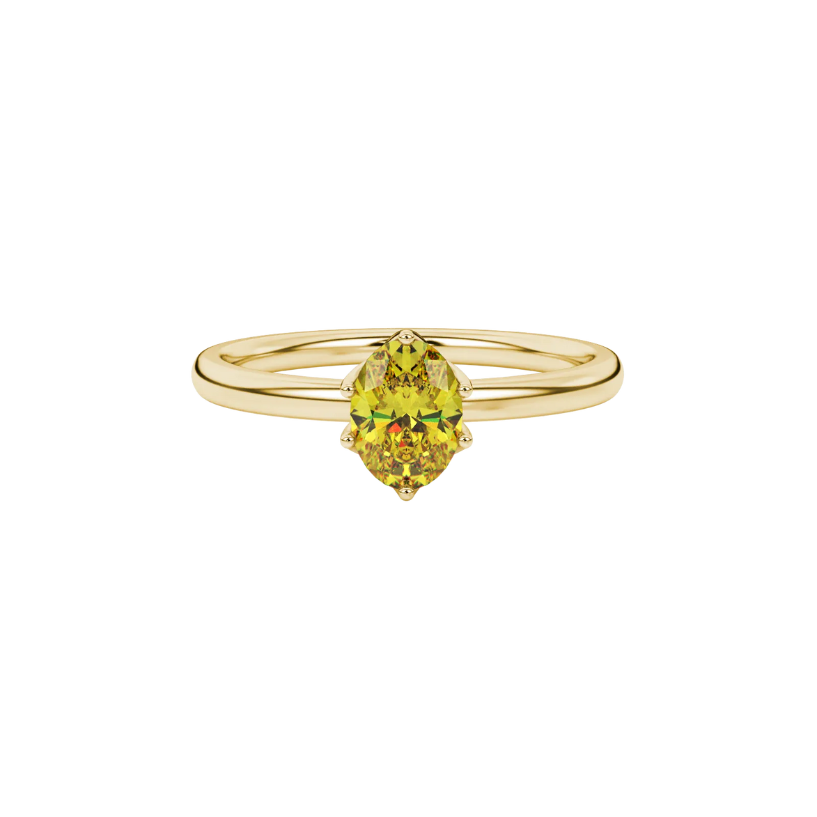 Close-up, oval cut canary yellow gemstone, yellow gold scalloped six prong ring.