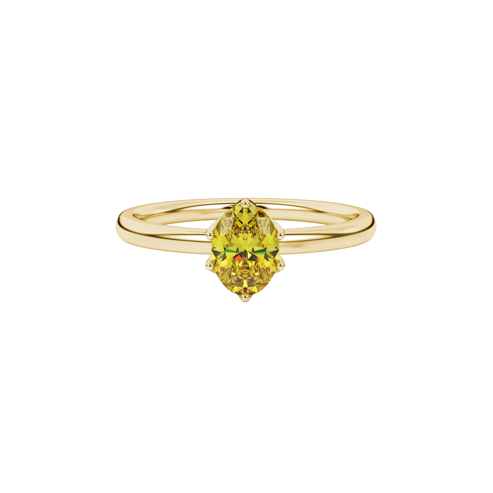 Close-up, oval cut canary yellow gemstone, yellow gold scalloped six prong ring.
