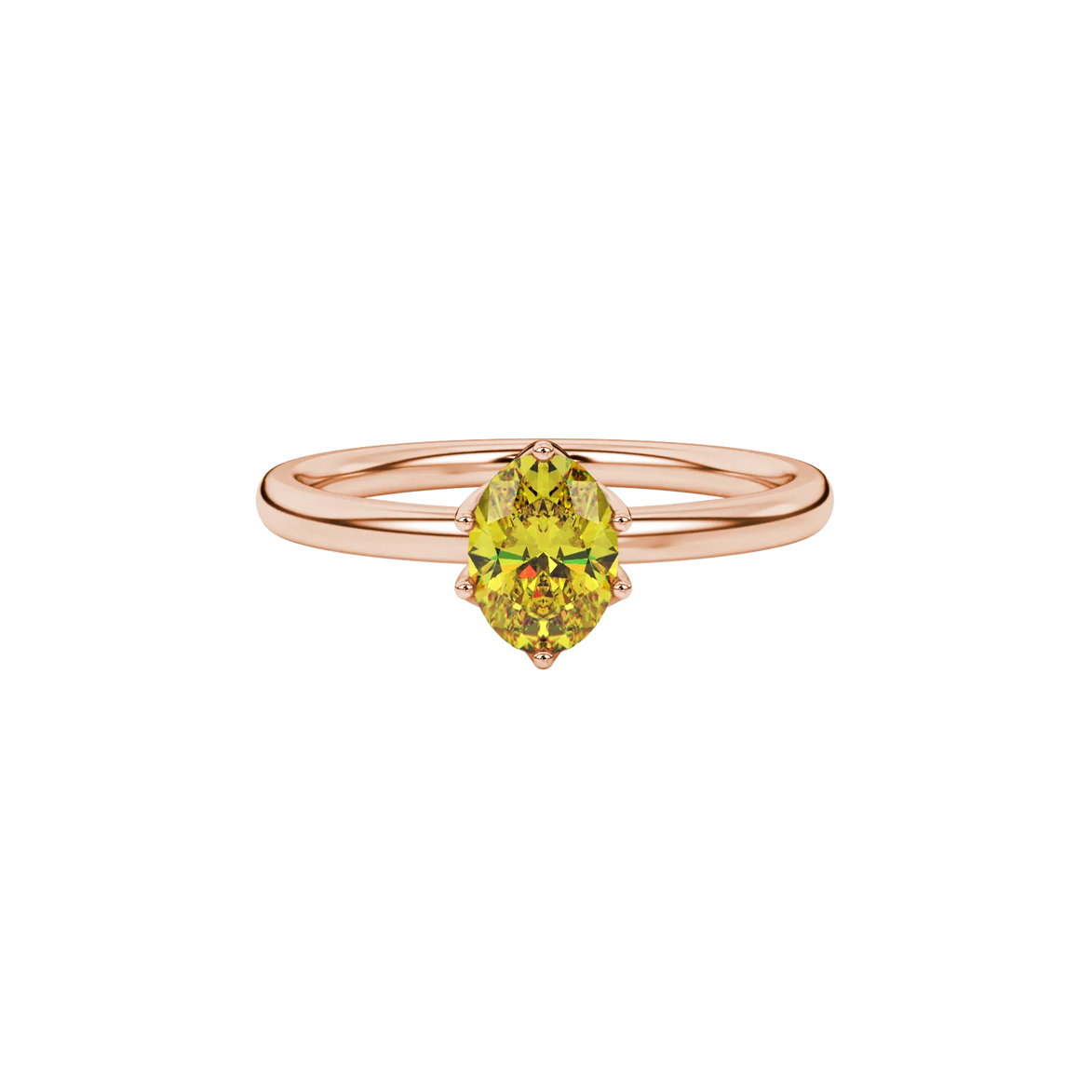Close-up, oval cut canary yellow gemstone ring, rose gold scalloped six prong setting.