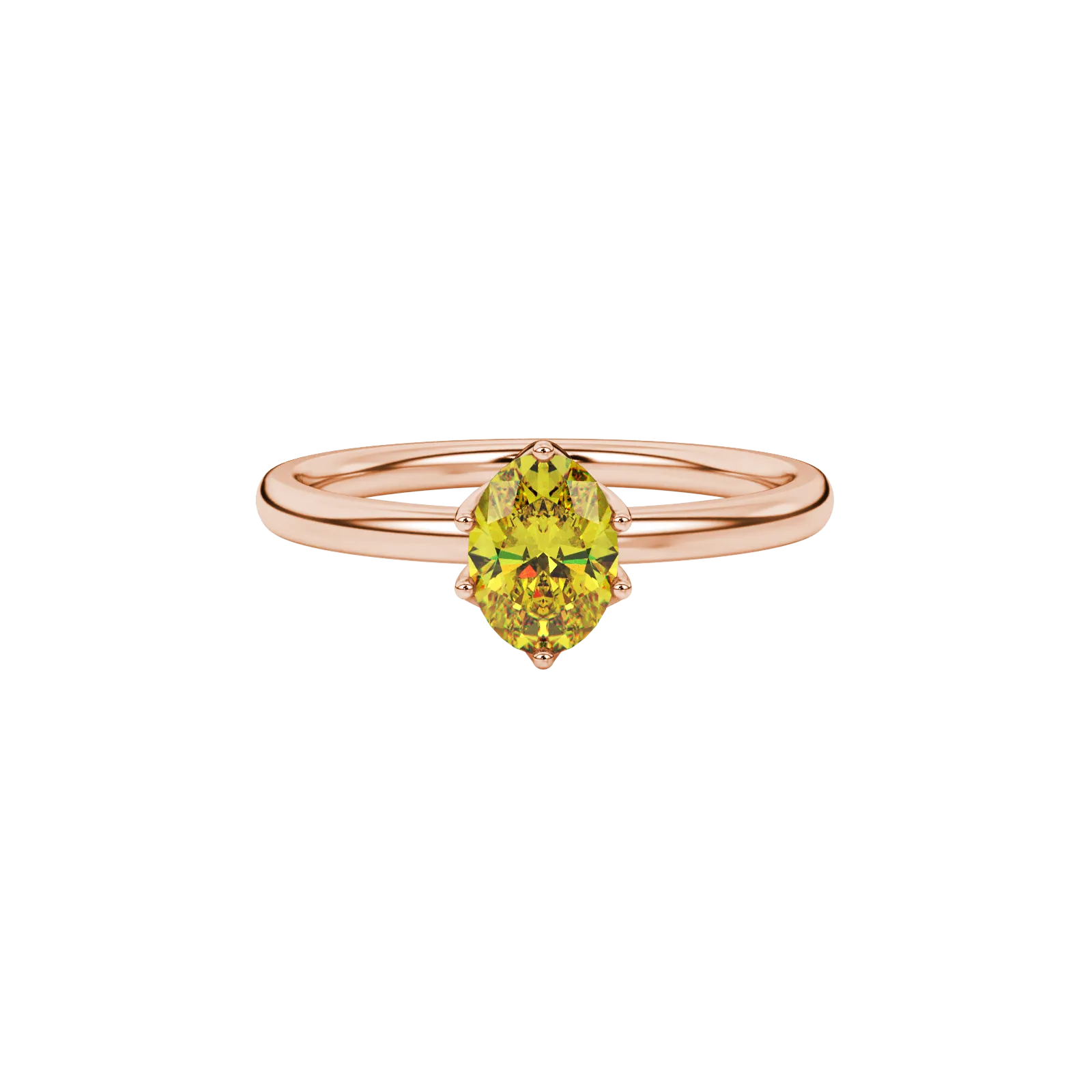 Close-up, oval cut canary yellow gemstone ring, rose gold scalloped six prong setting.