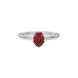 Close-up oval cut raspberry red gemstone ring, white gold scalloped six prong setting.