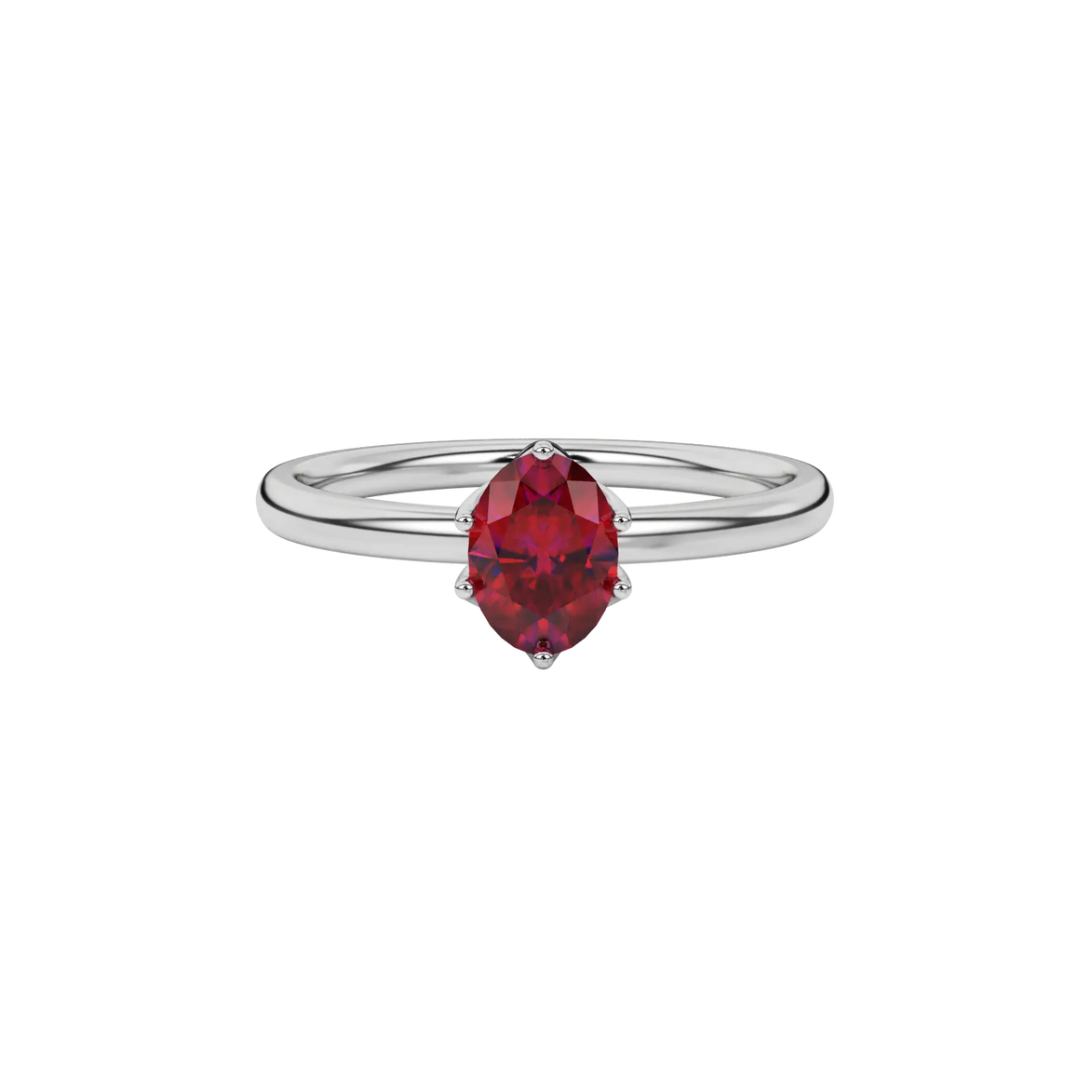 Close-up oval cut raspberry red gemstone ring, white gold scalloped six prong setting.