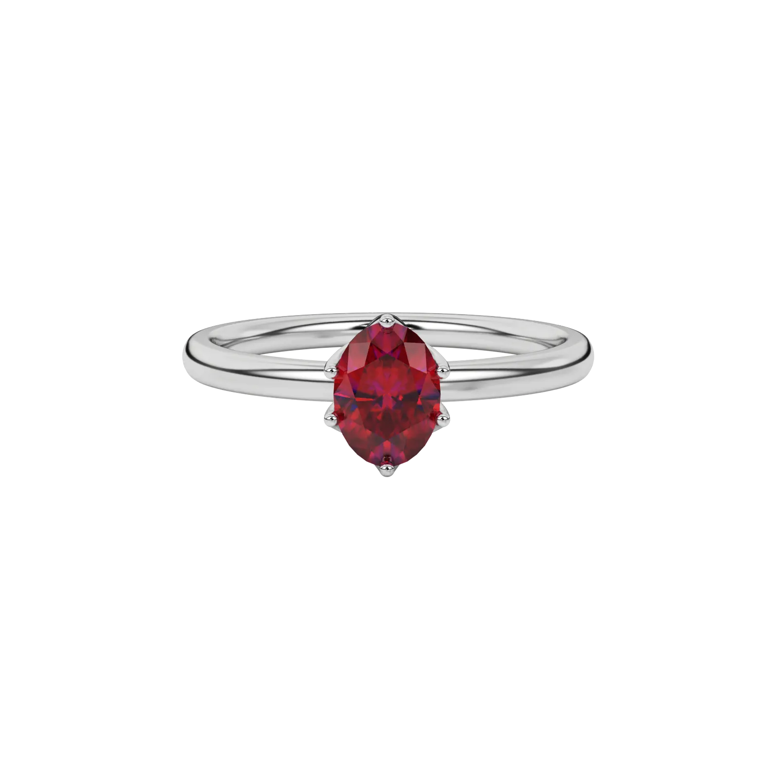 Close-up oval cut raspberry red gemstone ring, white gold scalloped six prong setting.