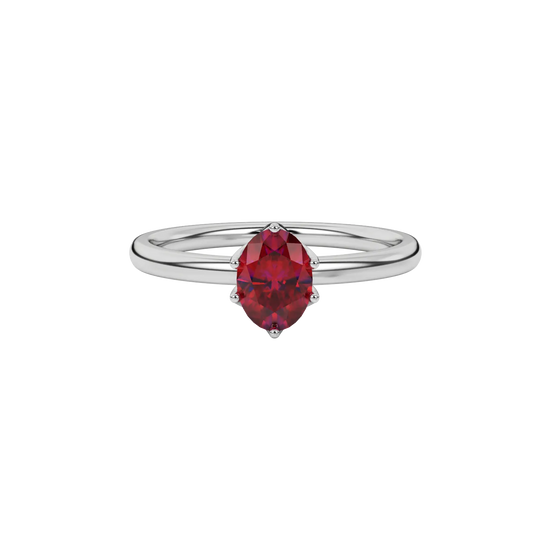 Close-up oval cut raspberry red gemstone ring, white gold scalloped six prong setting.