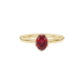 Close-up, oval cut raspberry red gemstone, yellow gold scalloped six prong ring.