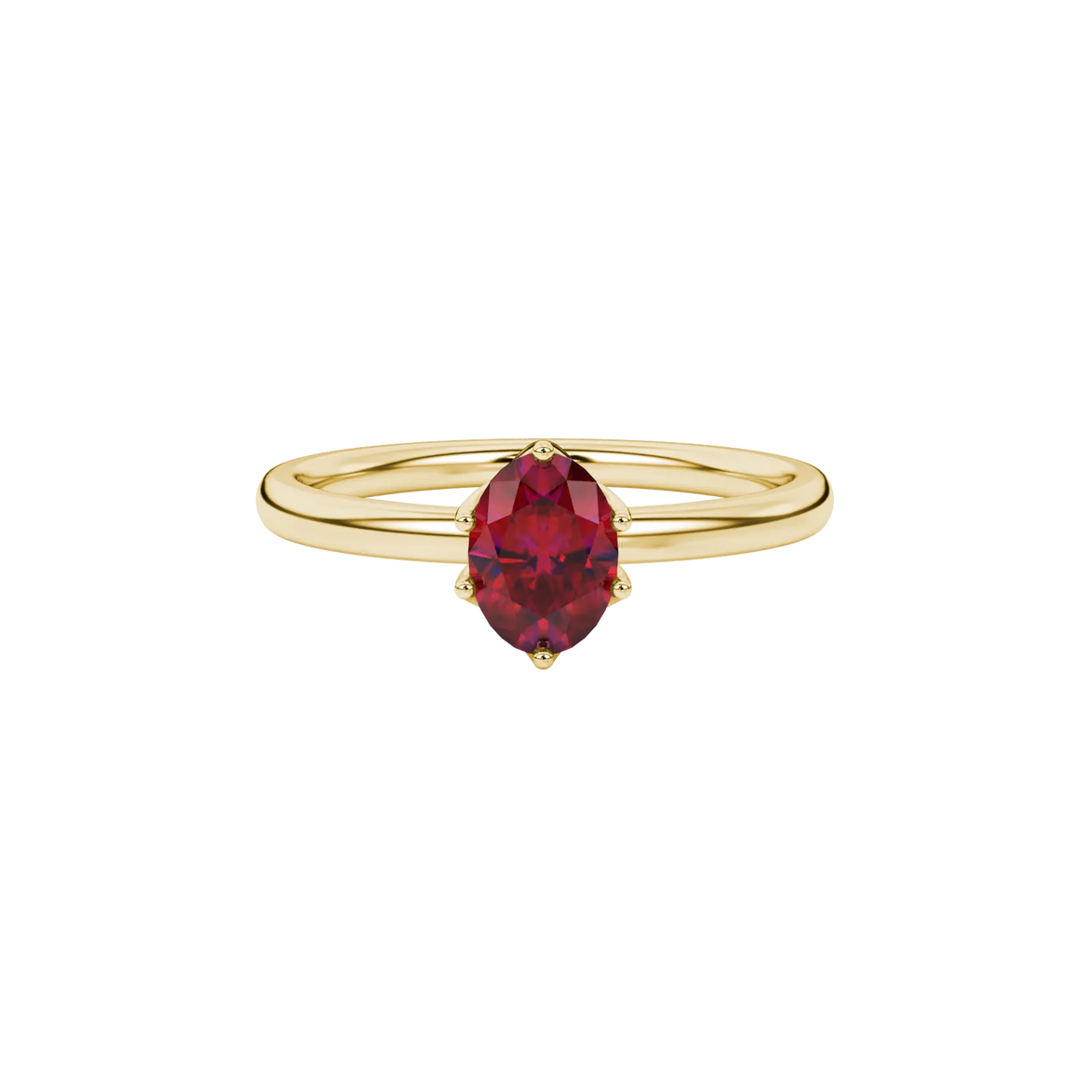 Close-up, oval cut raspberry red gemstone, yellow gold scalloped six prong ring.