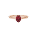 Close-up, oval cut raspberry red gemstone ring, rose gold scalloped six prong setting.