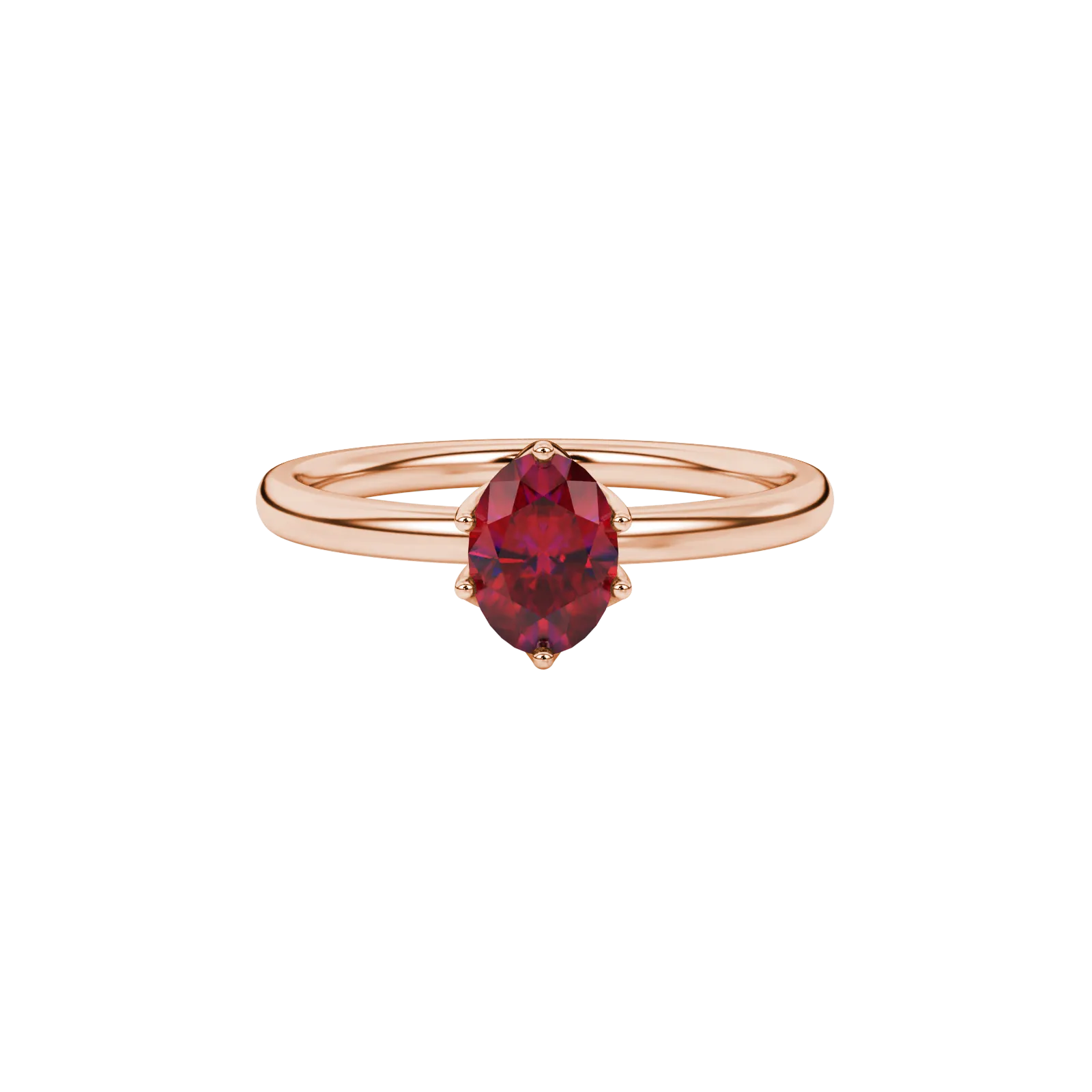 Close-up, oval cut raspberry red gemstone ring, rose gold scalloped six prong setting.