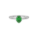 Close-up oval cut emerald green gemstone ring, white gold scalloped six prong setting.