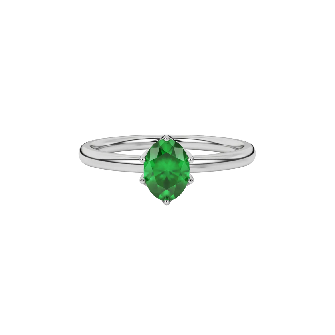 Close-up oval cut emerald green gemstone ring, white gold scalloped six prong setting.