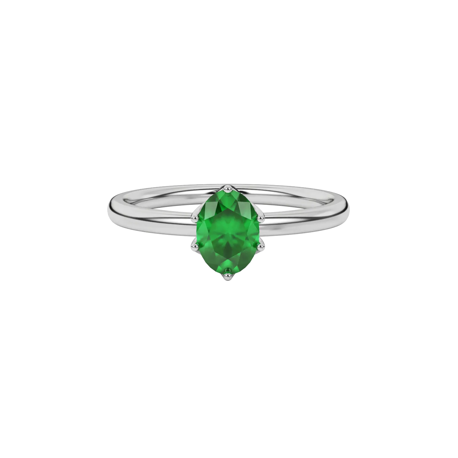 Close-up oval cut emerald green gemstone ring, white gold scalloped six prong setting.