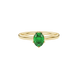 Close-up, oval cut emerald green gemstone, yellow gold scalloped six prong ring.