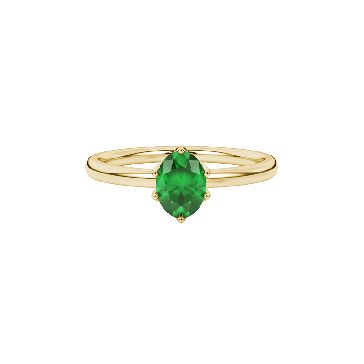 Close-up, oval cut emerald green gemstone, yellow gold scalloped six prong ring.