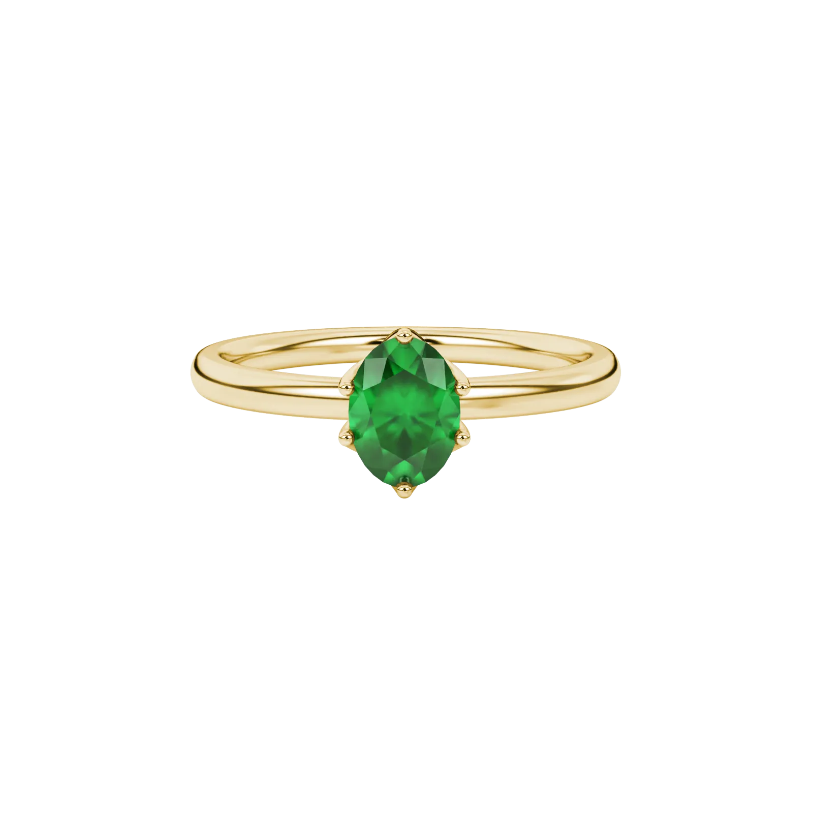 Close-up, oval cut emerald green gemstone, yellow gold scalloped six prong ring.