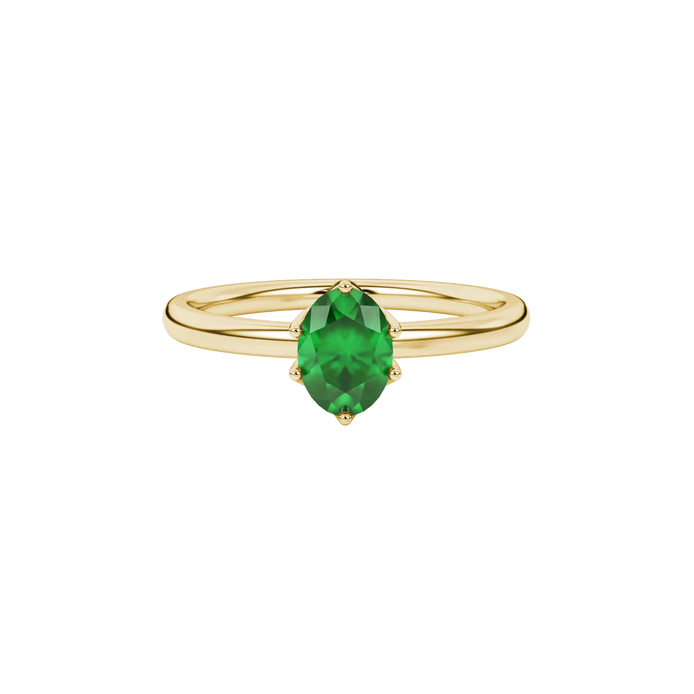 Close-up, oval cut emerald green gemstone, yellow gold scalloped six prong ring.