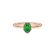 Close-up, oval cut emerald green gemstone ring, rose gold scalloped six prong setting.